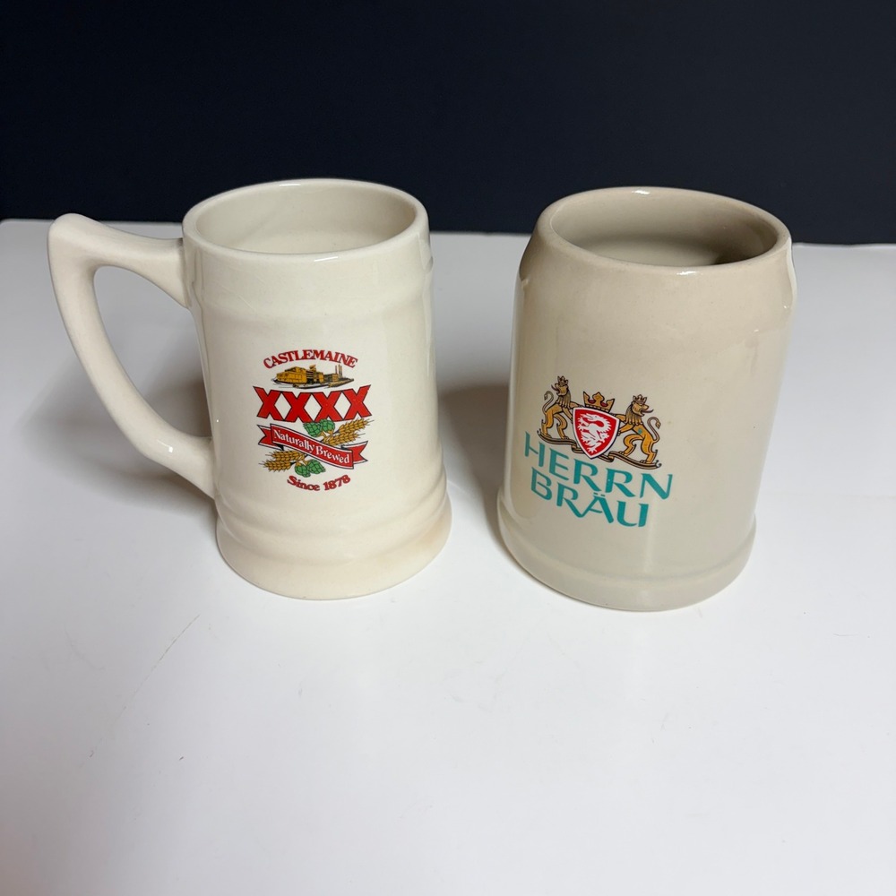 Vintage Castlemaine XXXX Gold & Herrnbrau Ceramic Beer Mug‎ Stein Set of 2 Cream